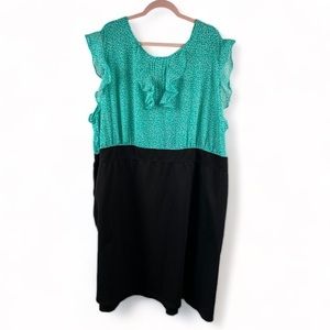 Chelsea Studio Women’s Black and Teal Print Ruffle Detail‎ Dress w/Pockets Sz 4X